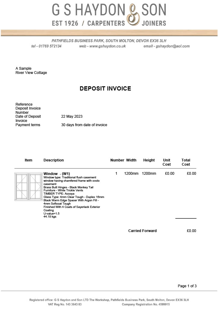 Deposit Invoice for Joinery
