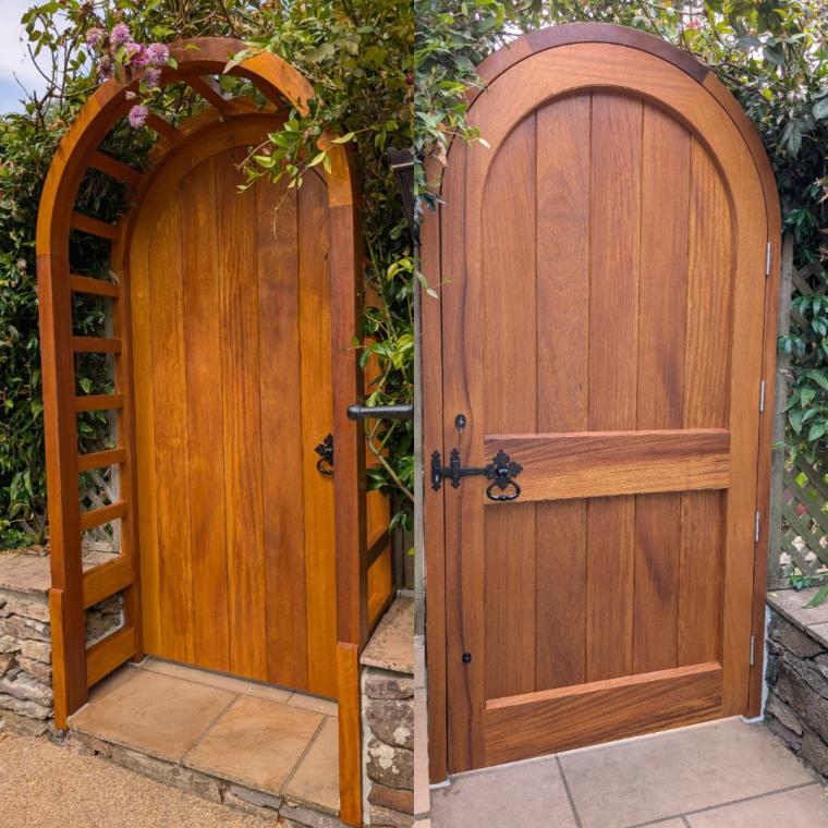 Finished Iroko garden gate and arched timber arbour installed in Devon