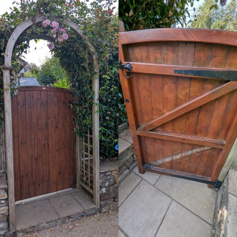 Existing timber garden gate and arbour before replacement