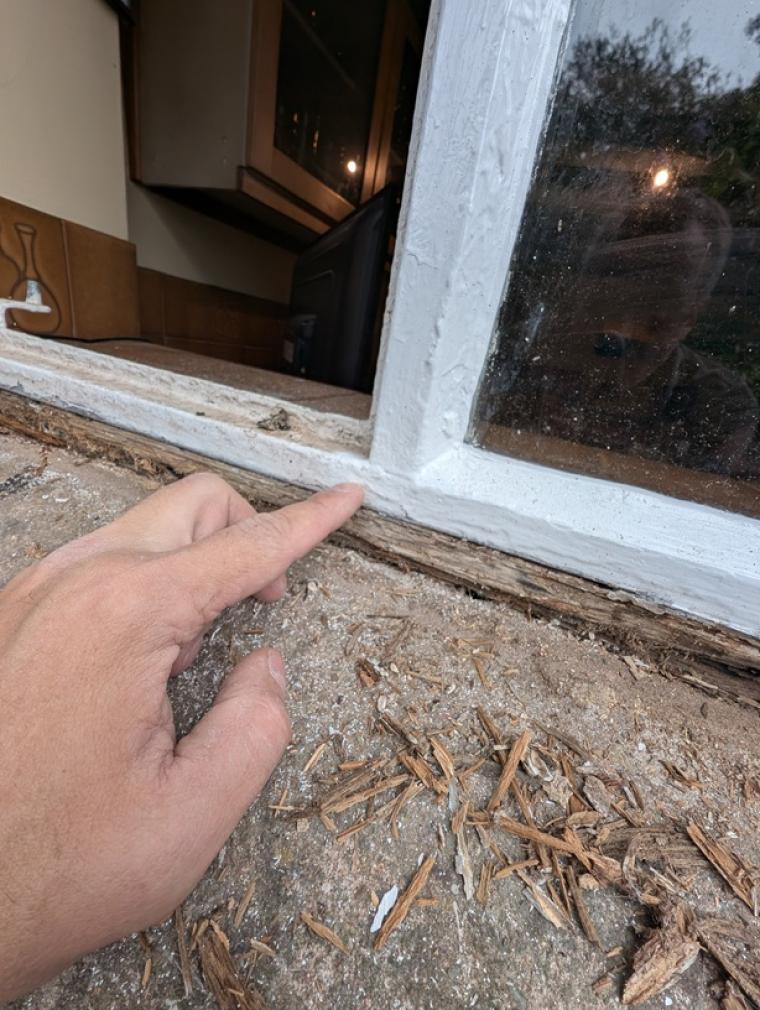 Decayed timber at the bottom of a crittal window frame before repair